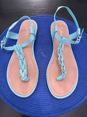 Solanz Aqua Braided T‑Strap Sandals with Silver Chain Accent